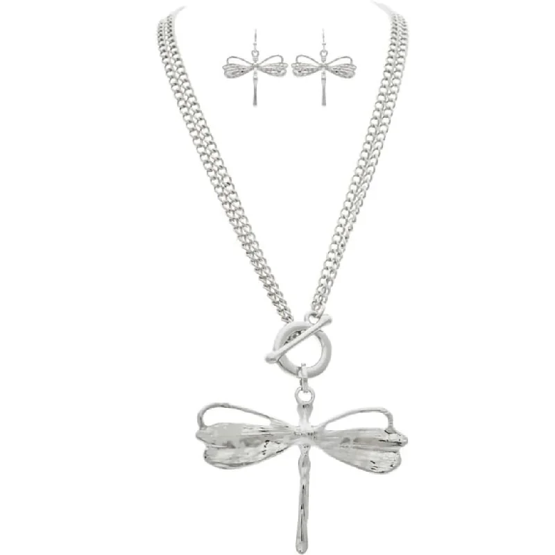 Rain :  Silver Convertible 17-34" Dragonfly Necklace Set