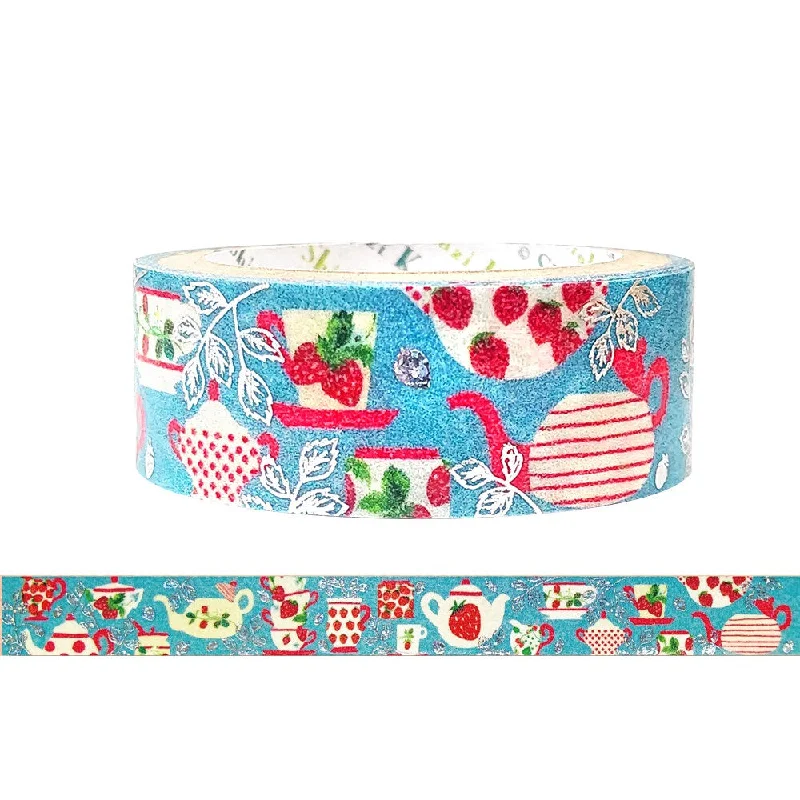 Cute Kawaii Shinzi Katoh Silver Accents Washi / Masking Deco Tape - Strawberry Fresh Fruit ♥ Tea Time Party - for Scrapbooking Journal Planner Craft