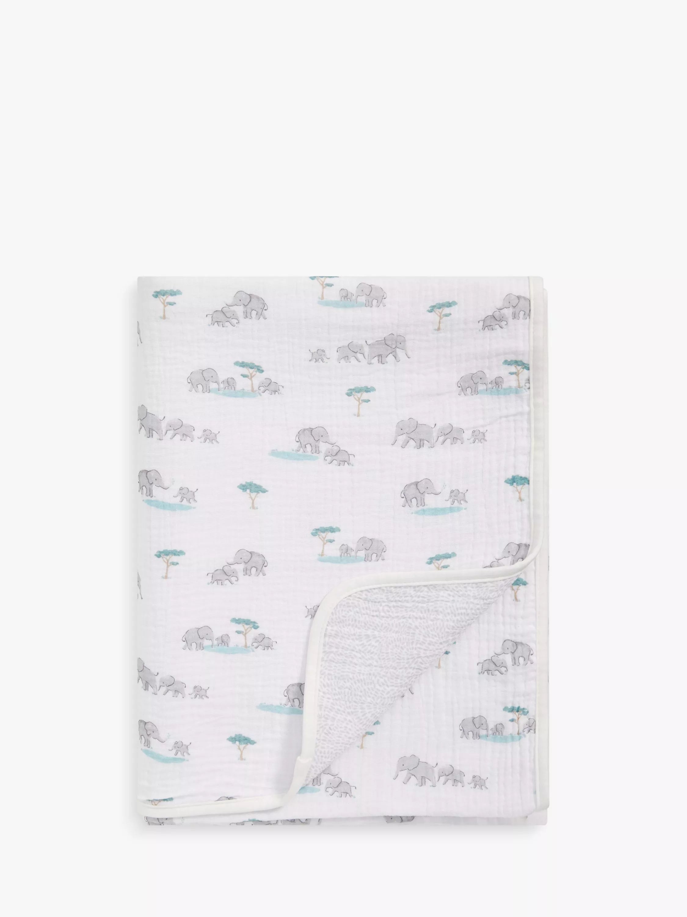 John Lewis Elephant Print Reversible Muslin Swaddle Blanket, 120 x 120cm