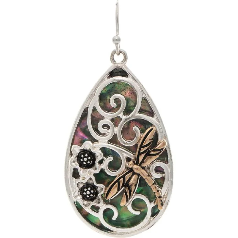 Rain :  Two Tone Abalone Silver Swirl Dragonfly Earring