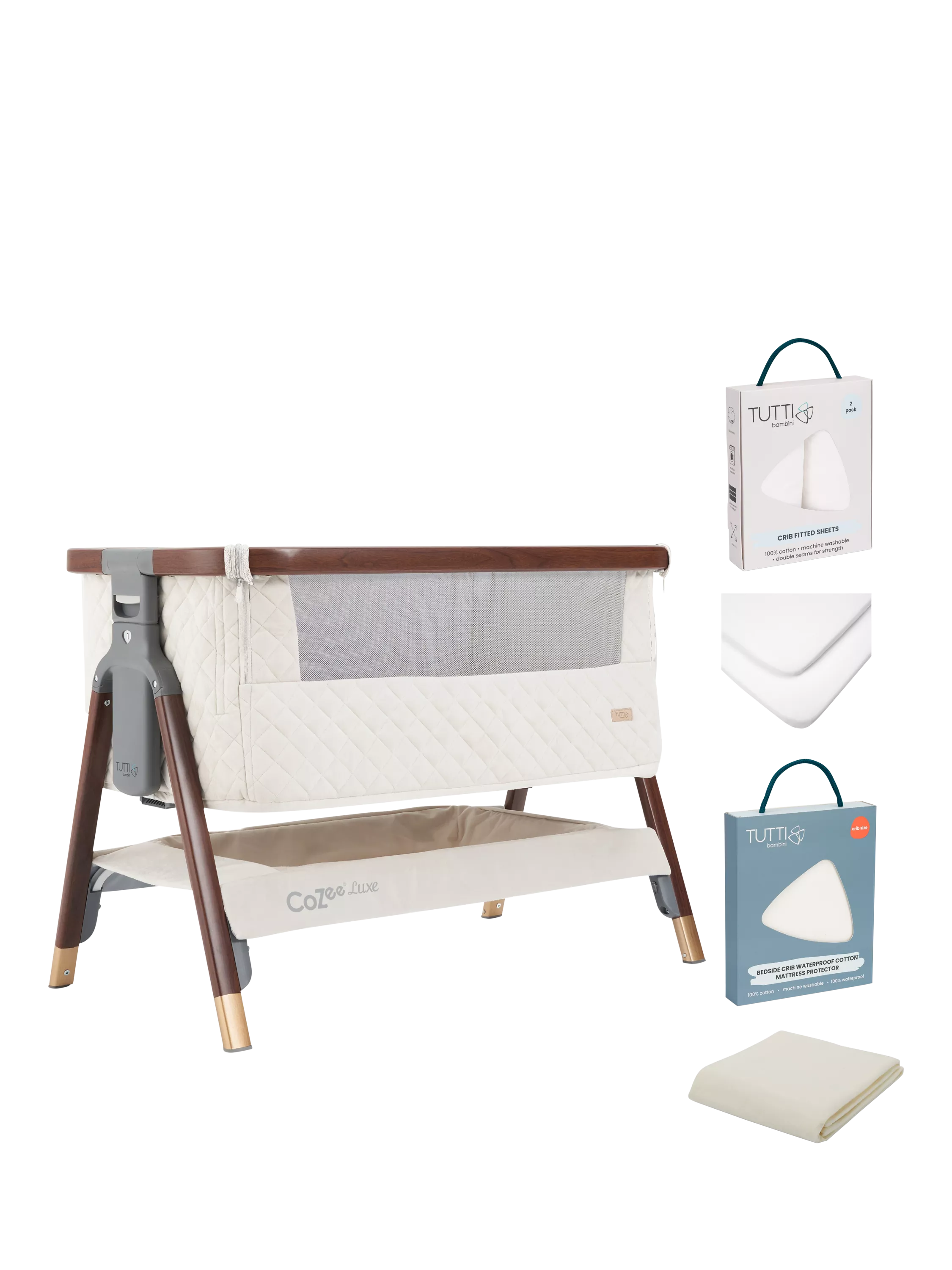 Tutti Bambini CoZee Luxe Bedside Crib Essential Bundle, Walnut/Cream