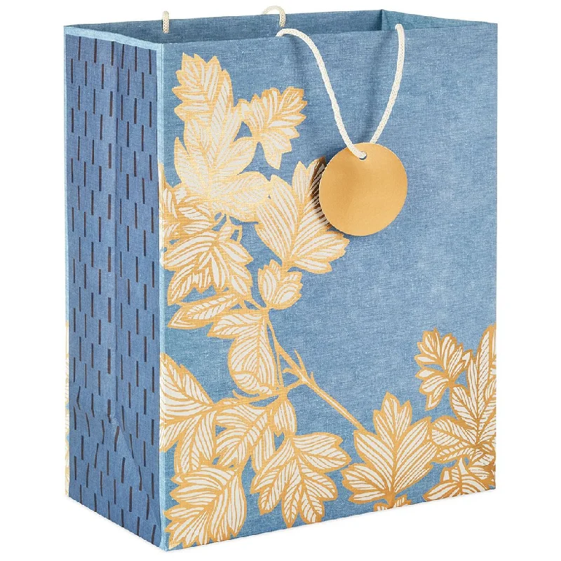 Hallmark : 13" Gold Leaves on Chambray Blue Large Gift Bag